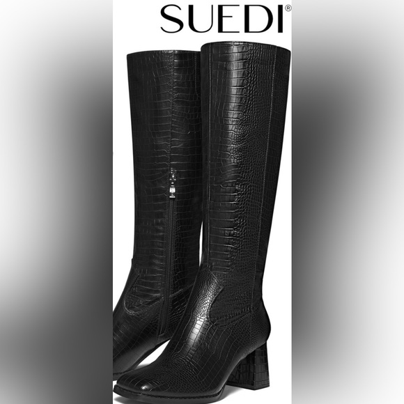 New Suedi Womens Knee High Black Croc Embossed Chunky Heel Squared Toe Boots Sz9 - Picture 5 of 16